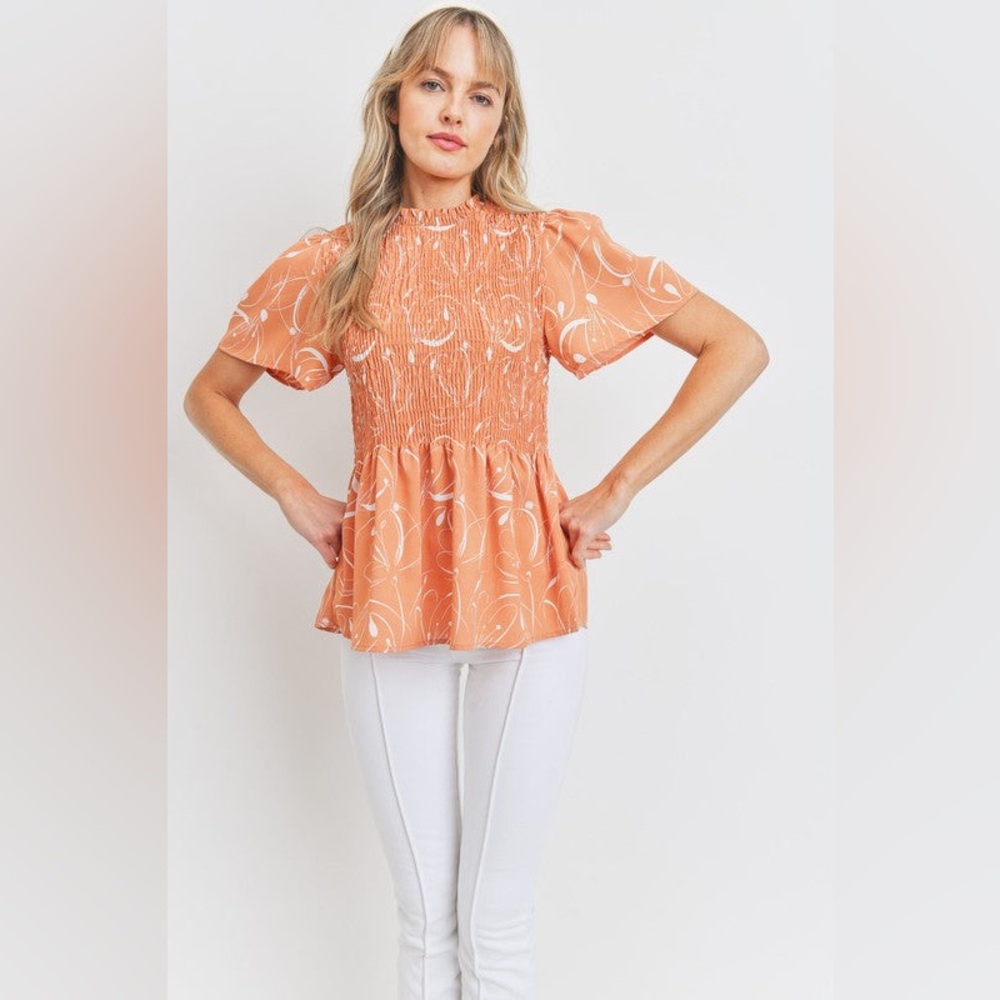 Smocked Peplum Short Sleeve Top - Orange/Coral